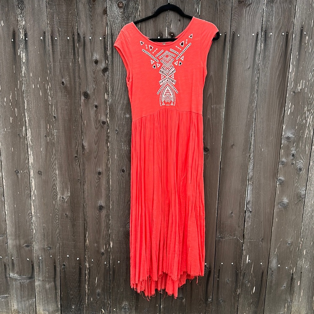 Free People coral midi dress with crochet-like detail on front and back (S)